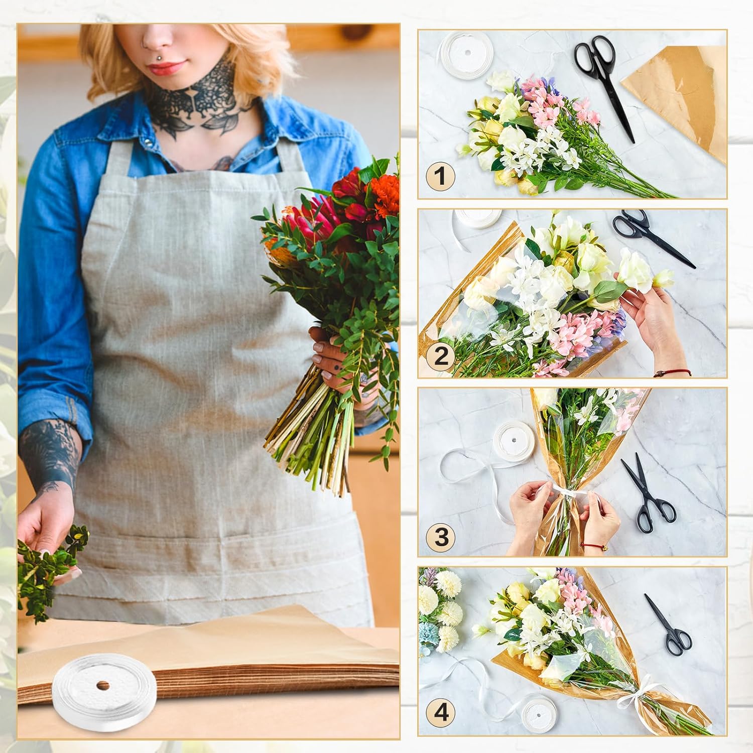 CLUEWR 50PCS Flower Bags with Ribbons for Bouquets