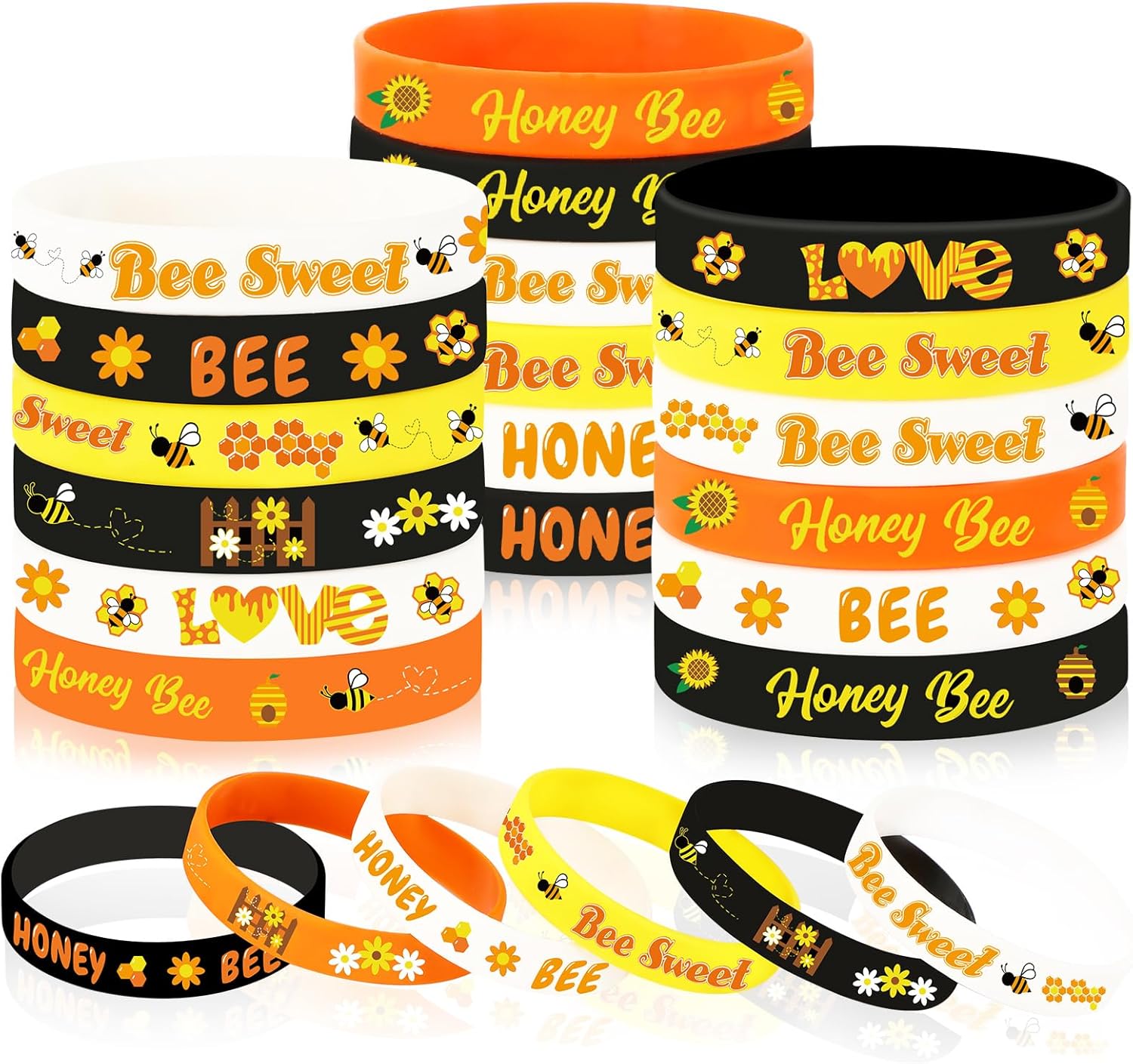 JUNEBRUSHS 42pcs Bee Themed Silicone Wristbands Party Favors