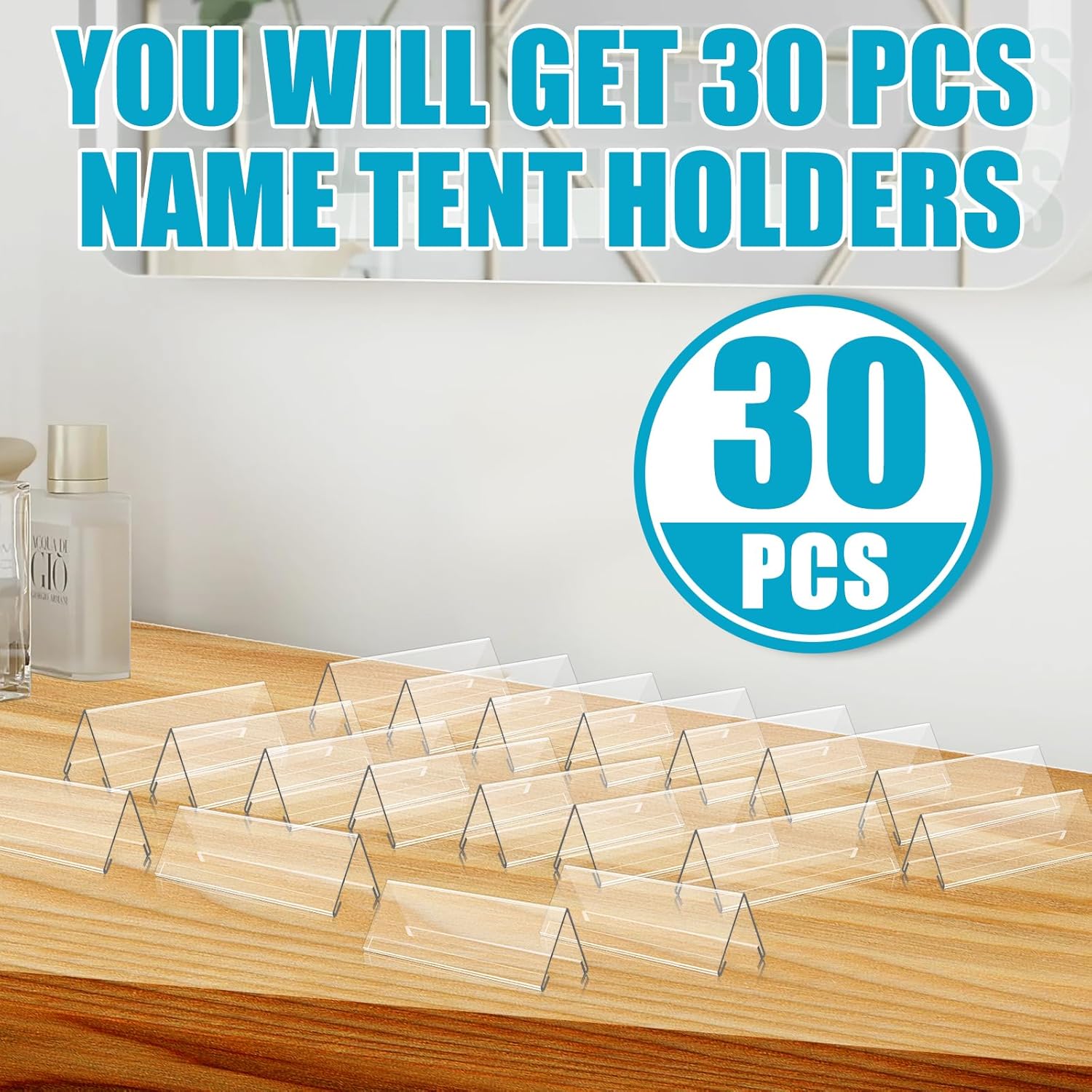 30 PCS Clear Acrylic Name Card Holders for Desks and Tables