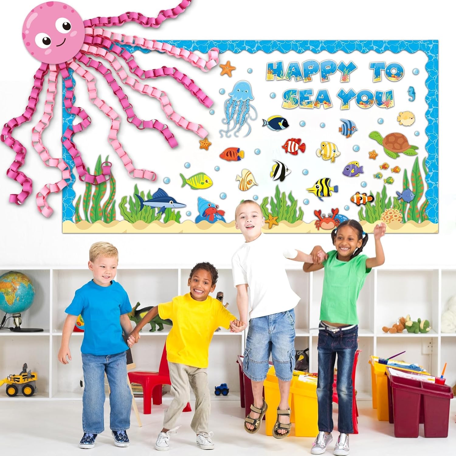 Justforjoyful 93 Pcs Ocean Animal Bulletin Board Decor Set