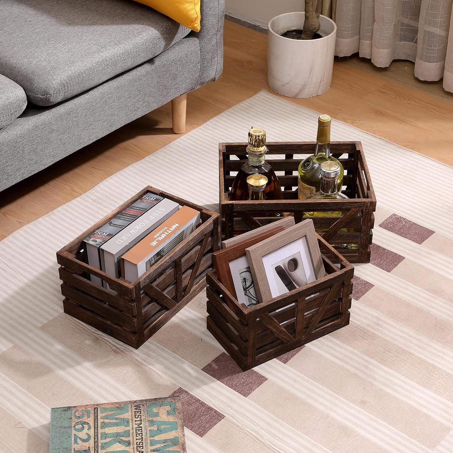 Set of 3 Nested Wooden Storage Crates with Handles