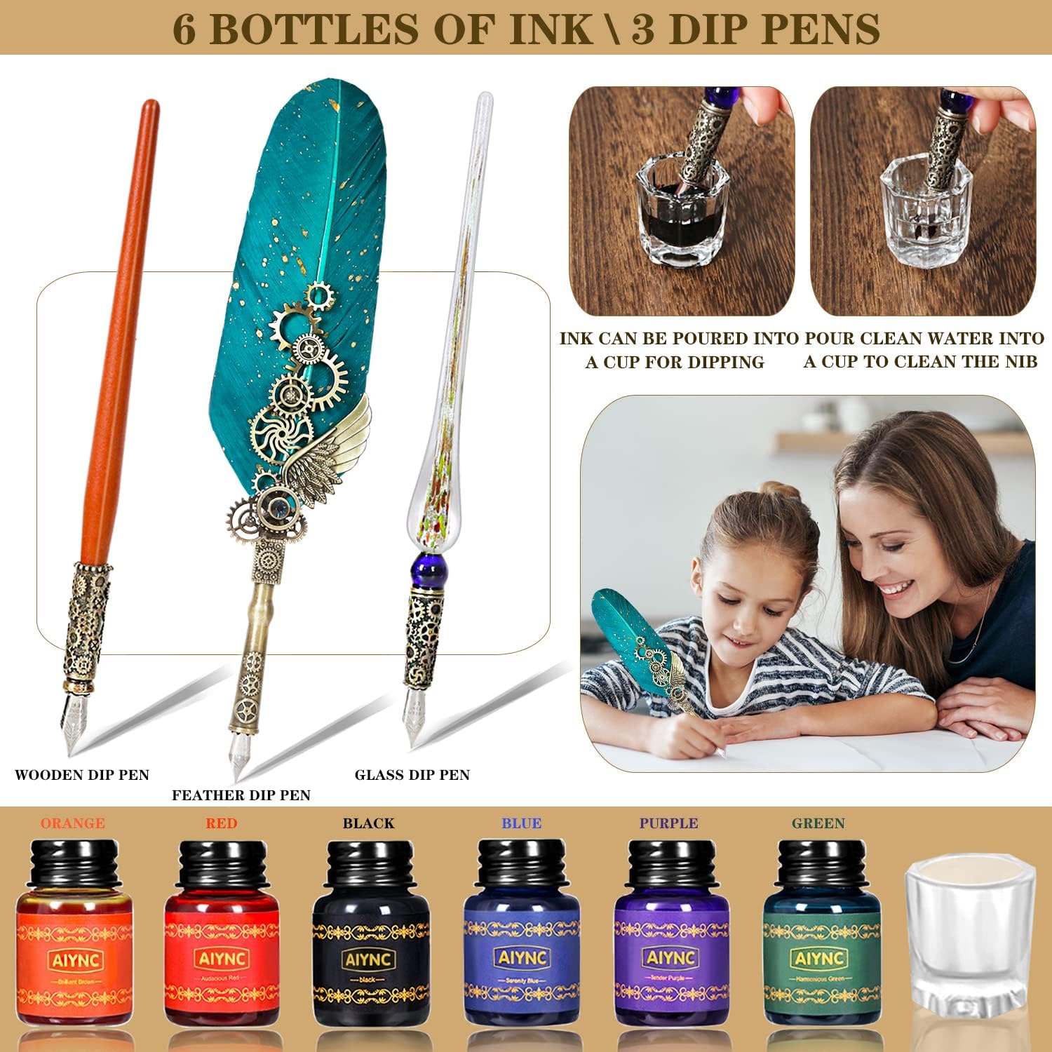 AIYNC Feather Ink Set with Quill Pen and 6 Ink Bottles