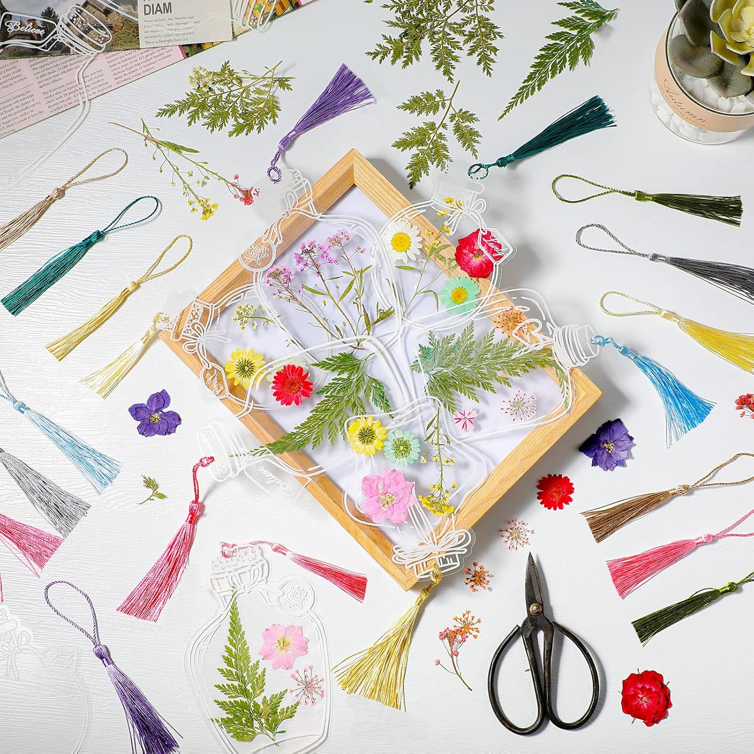 TaoBary 91 Pcs Transparent Dried Flower Bookmark Set with Butterflies Tassels and Tweezer