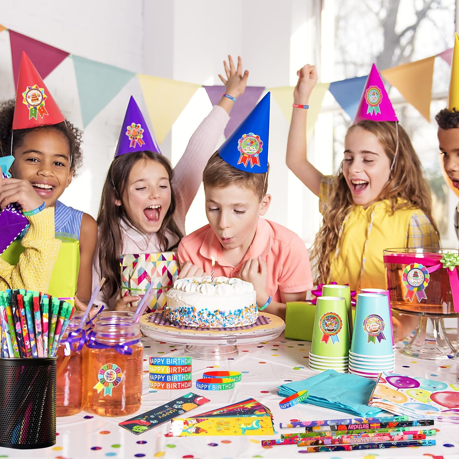500 Piece Happy Birthday Gift Set with Pencils Bracelets Bookmarks and Stickers