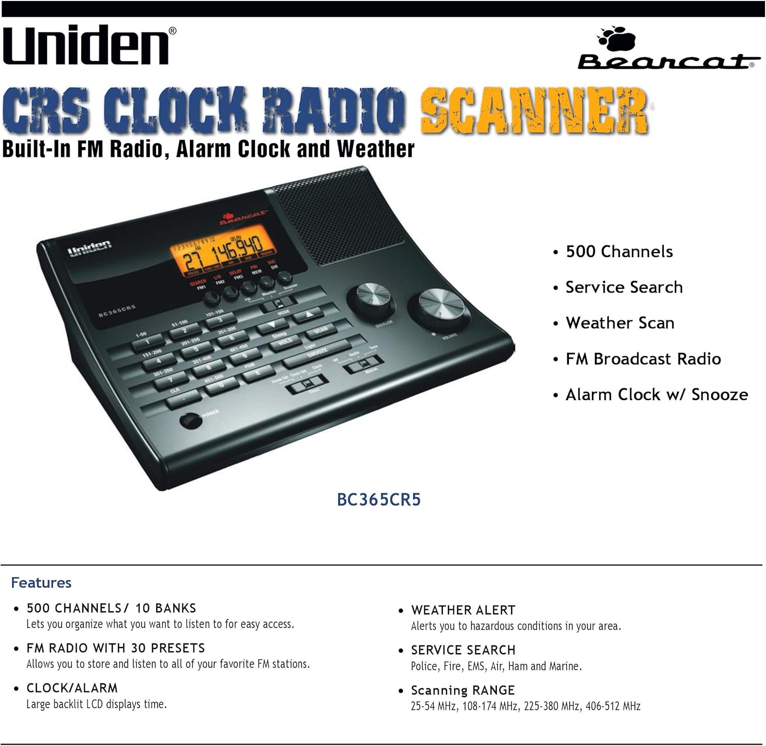 Uniden BC365CRS 500 Channel Scanner with Alarm Clock and FM Radio