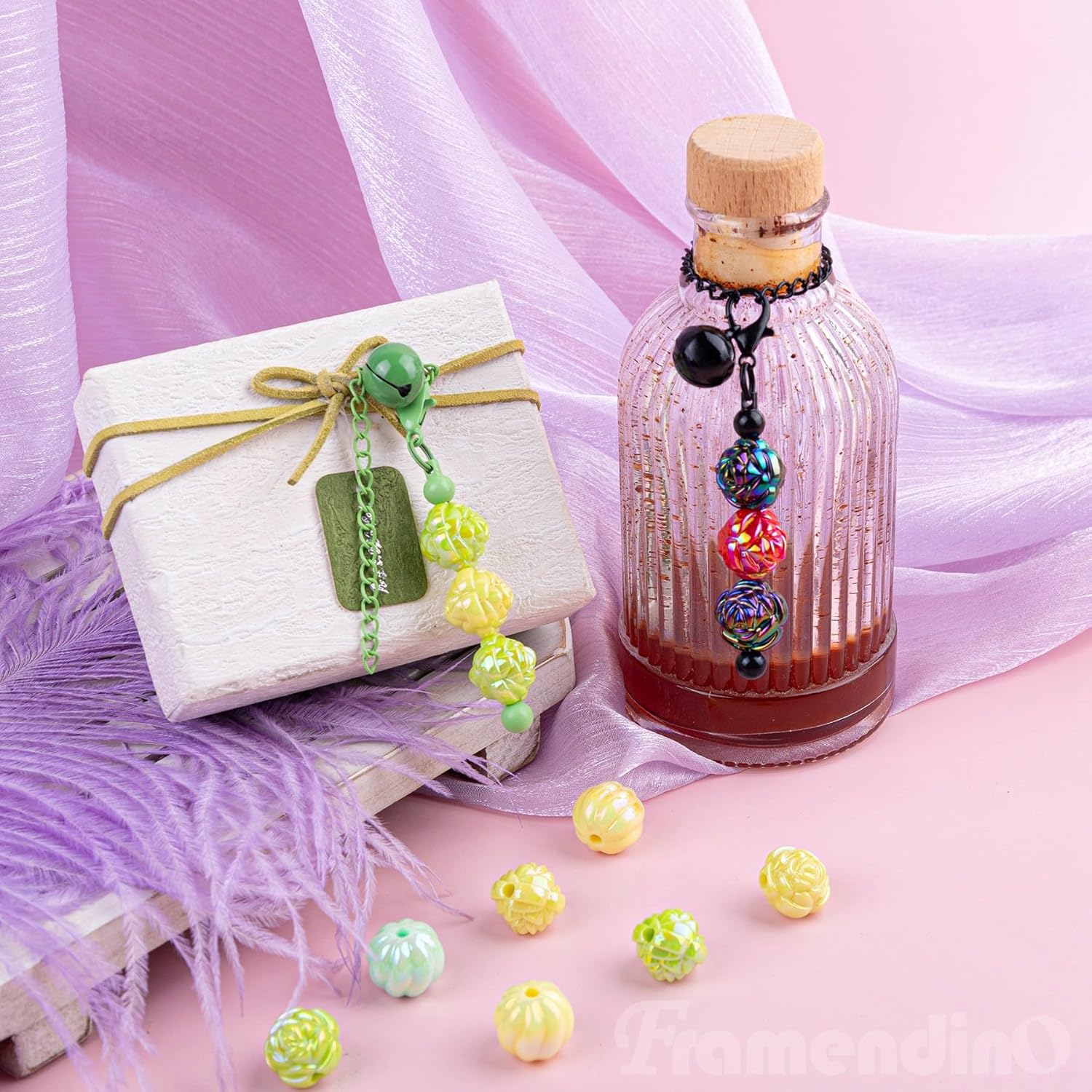 Framendino Beaded Cup Charms Bar Chain with Bell for DIY