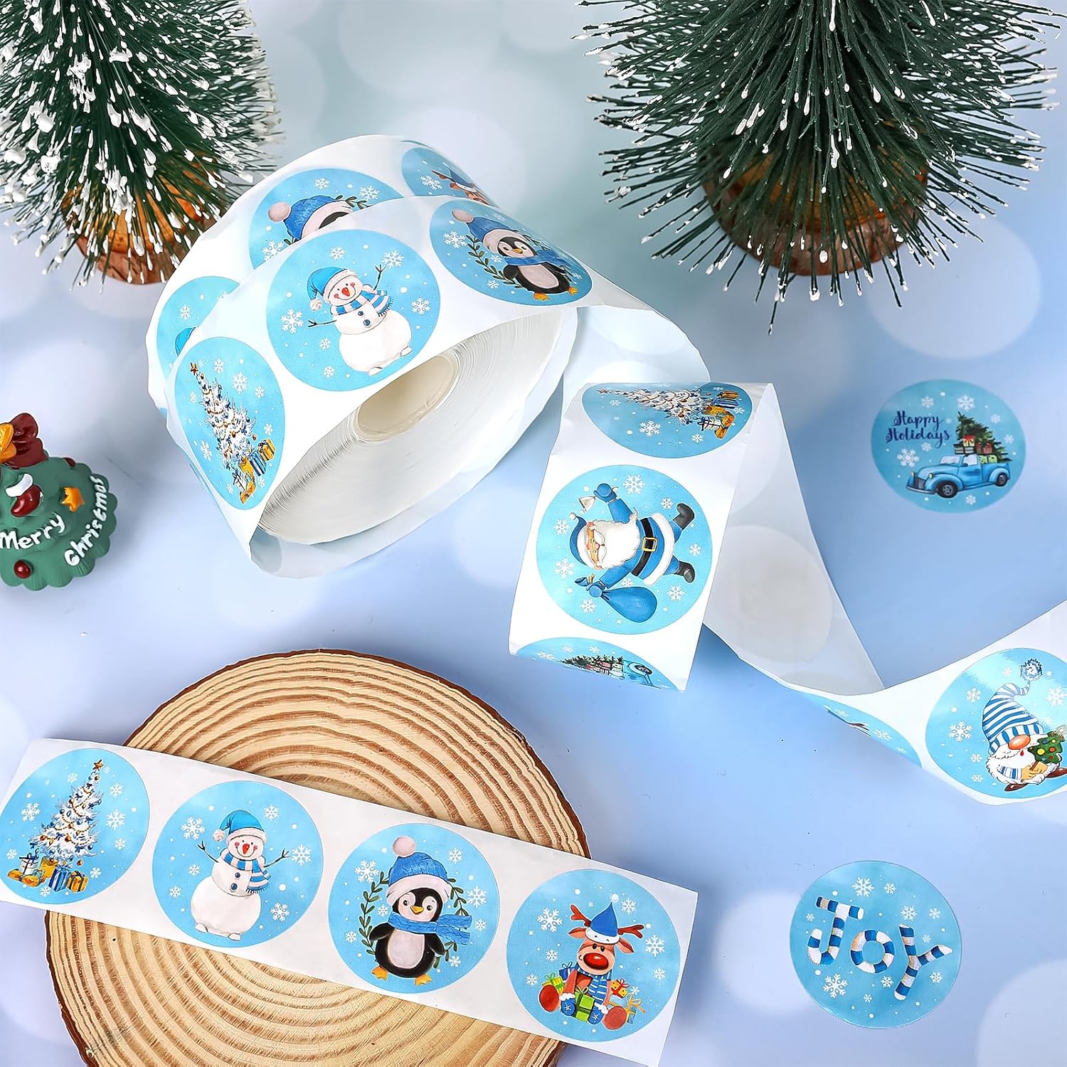 Whaline 1000Pcs Christmas Blue Sticker Roll 12 Designs