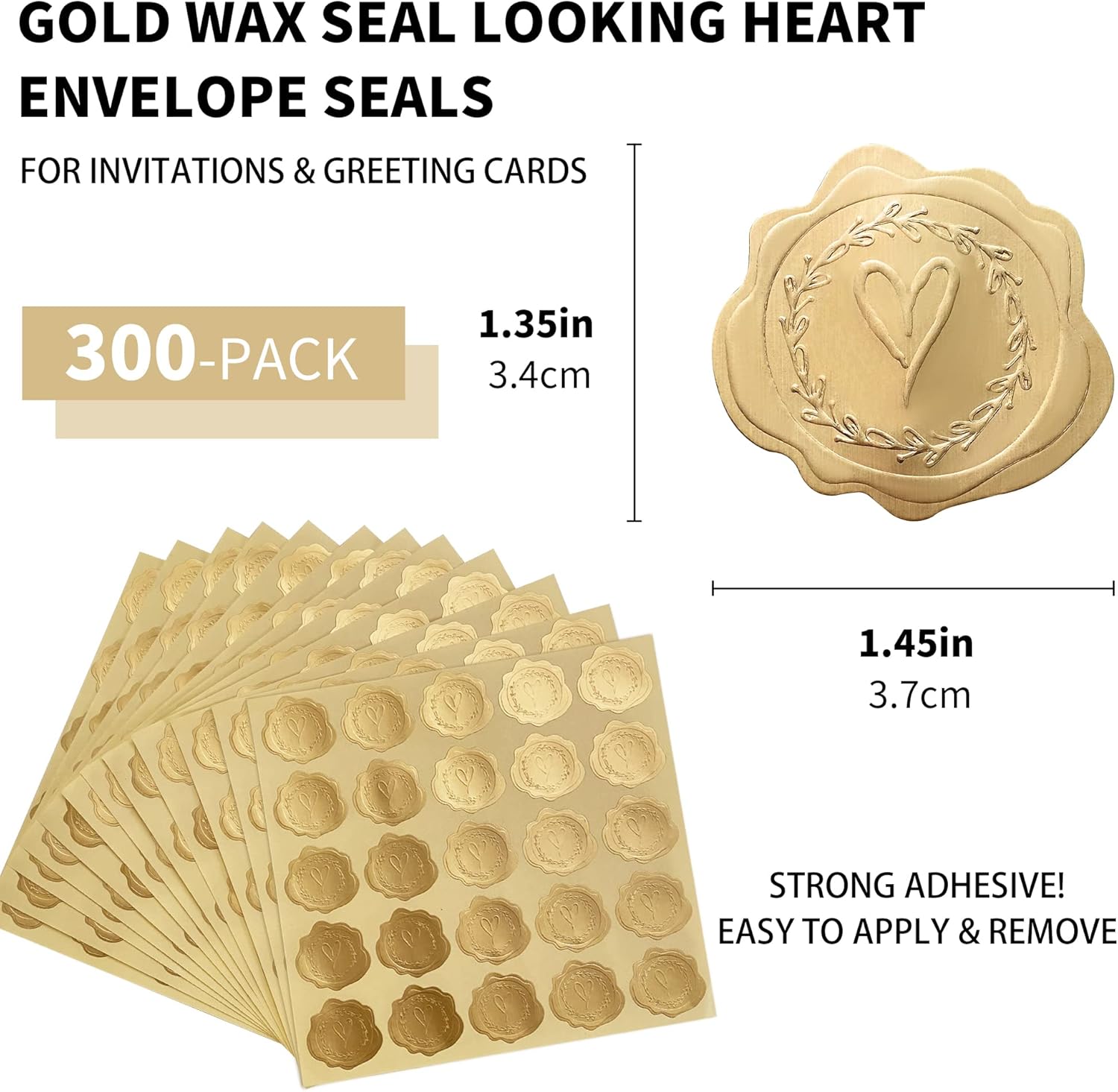 300pcs Gold Heart Envelope Seals with Self-Adhesive