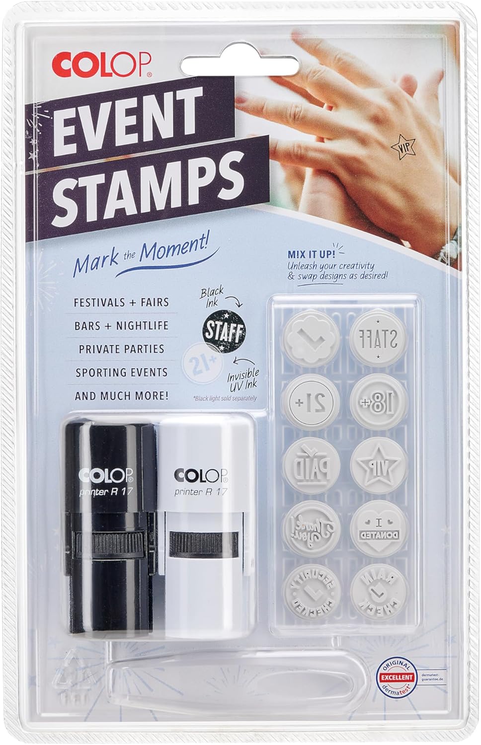 COLOP Printer R17 Event Hand Stamp Set with UV Ink 10 Designs
