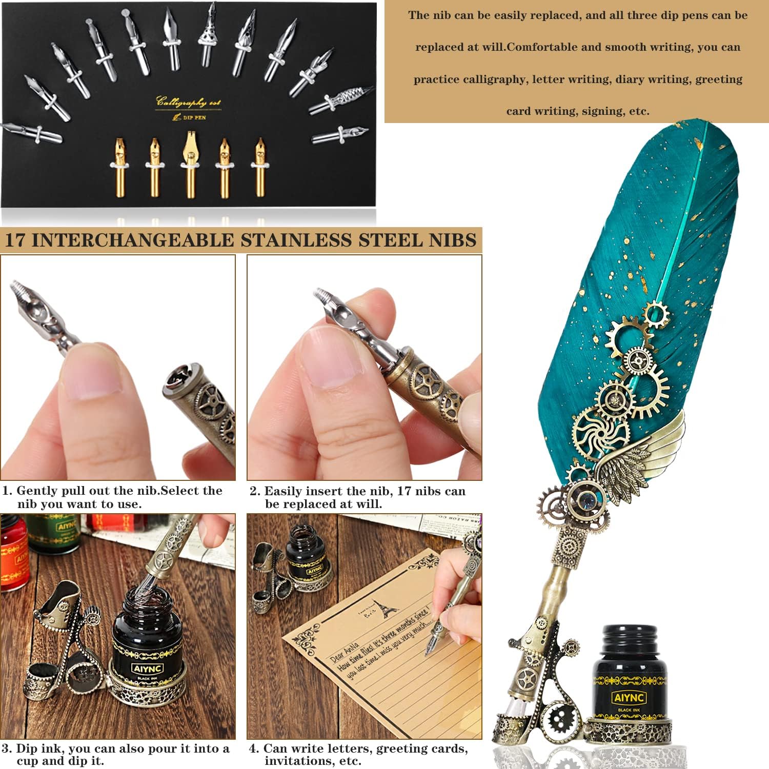 AIYNC Feather Ink Set with Quill Pen and 6 Ink Bottles