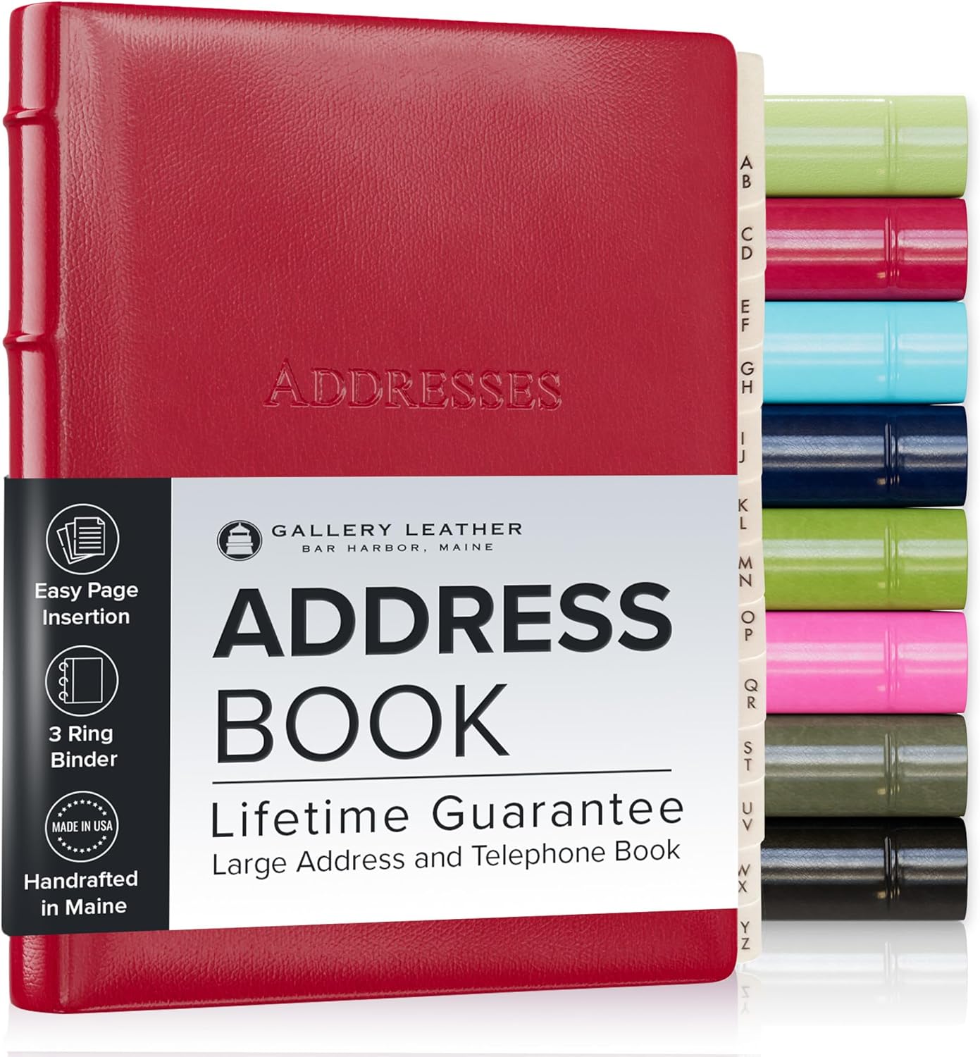 Gallery Leather Large Address Book with Alphabetical Tabs 9x7 Desk Organizer Camden Red