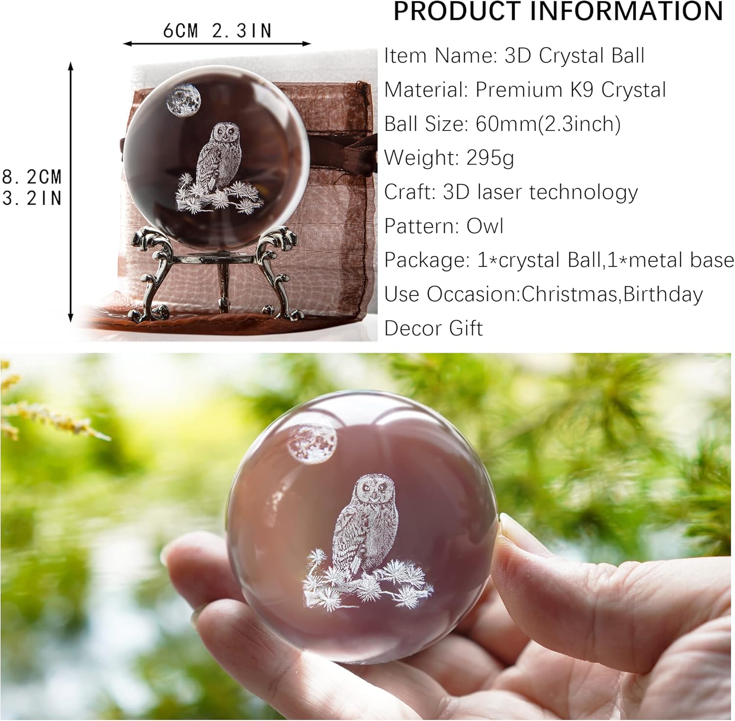 HDCRYSTALGIFTS 60mm 3D Laser Owl Crystal Ball Paperweight with Stand