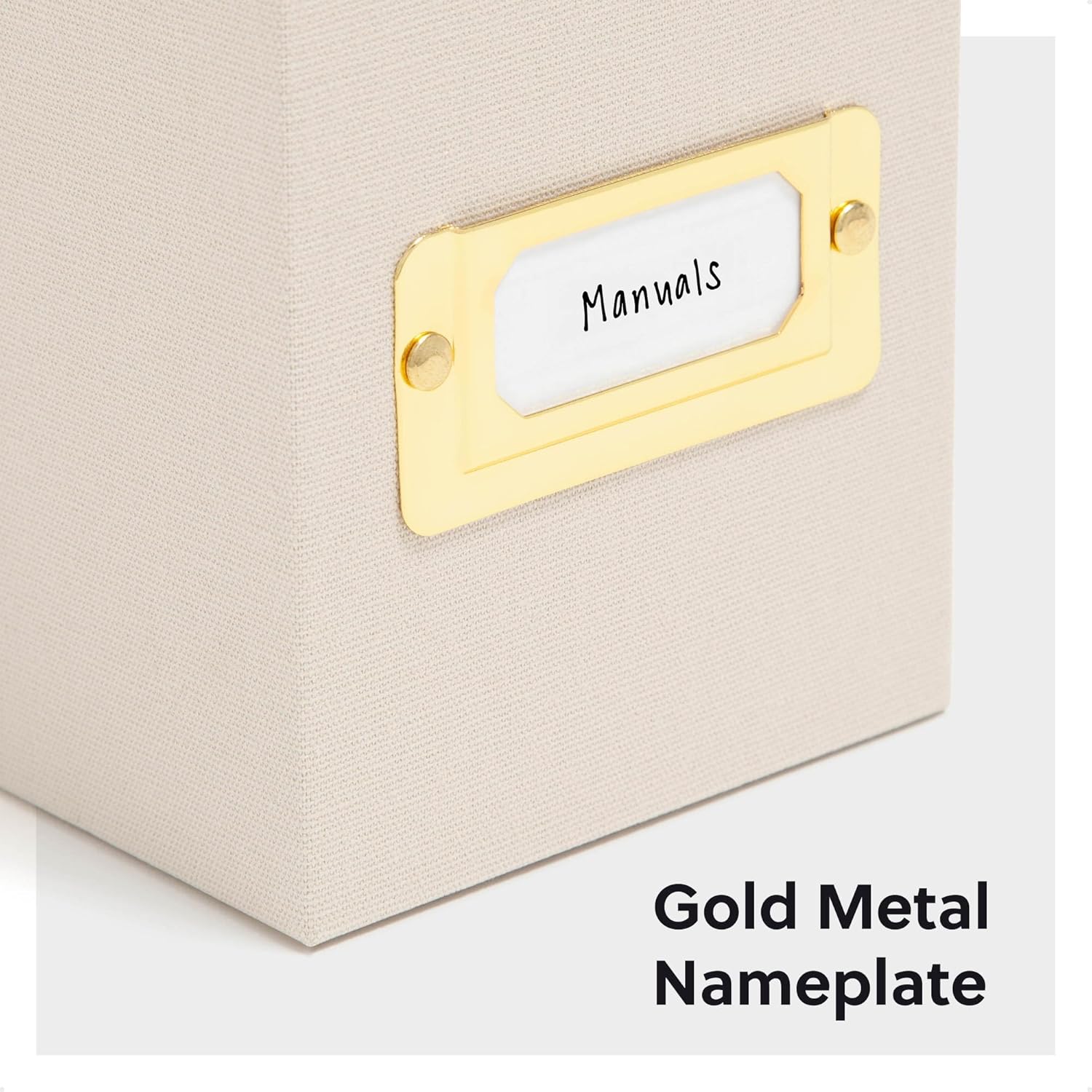 SMEAD Flip Top File Box 10x37x13 Beige Linen Gold Nameplate