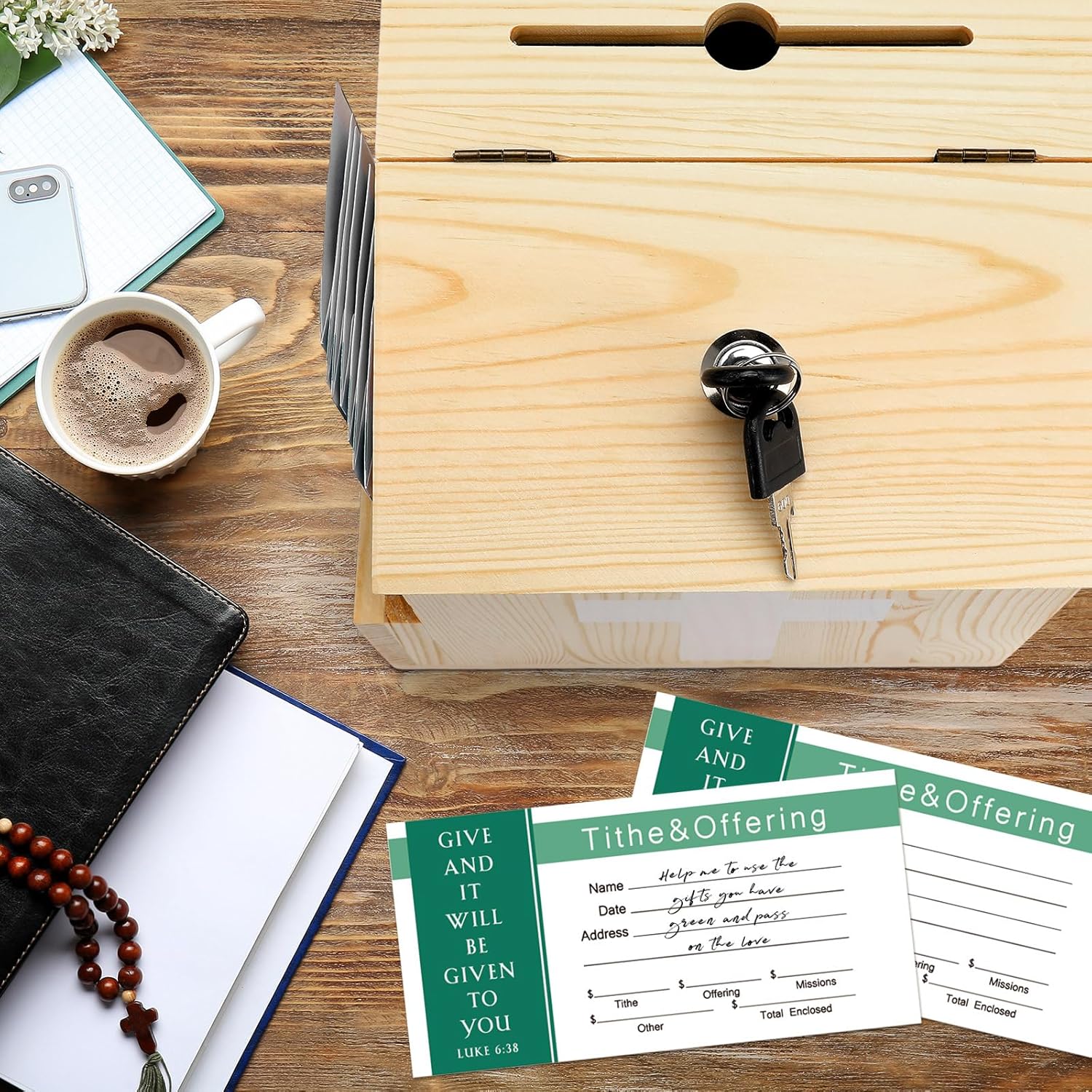 Wood Church Donation Box with 100 Envelopes and Keys