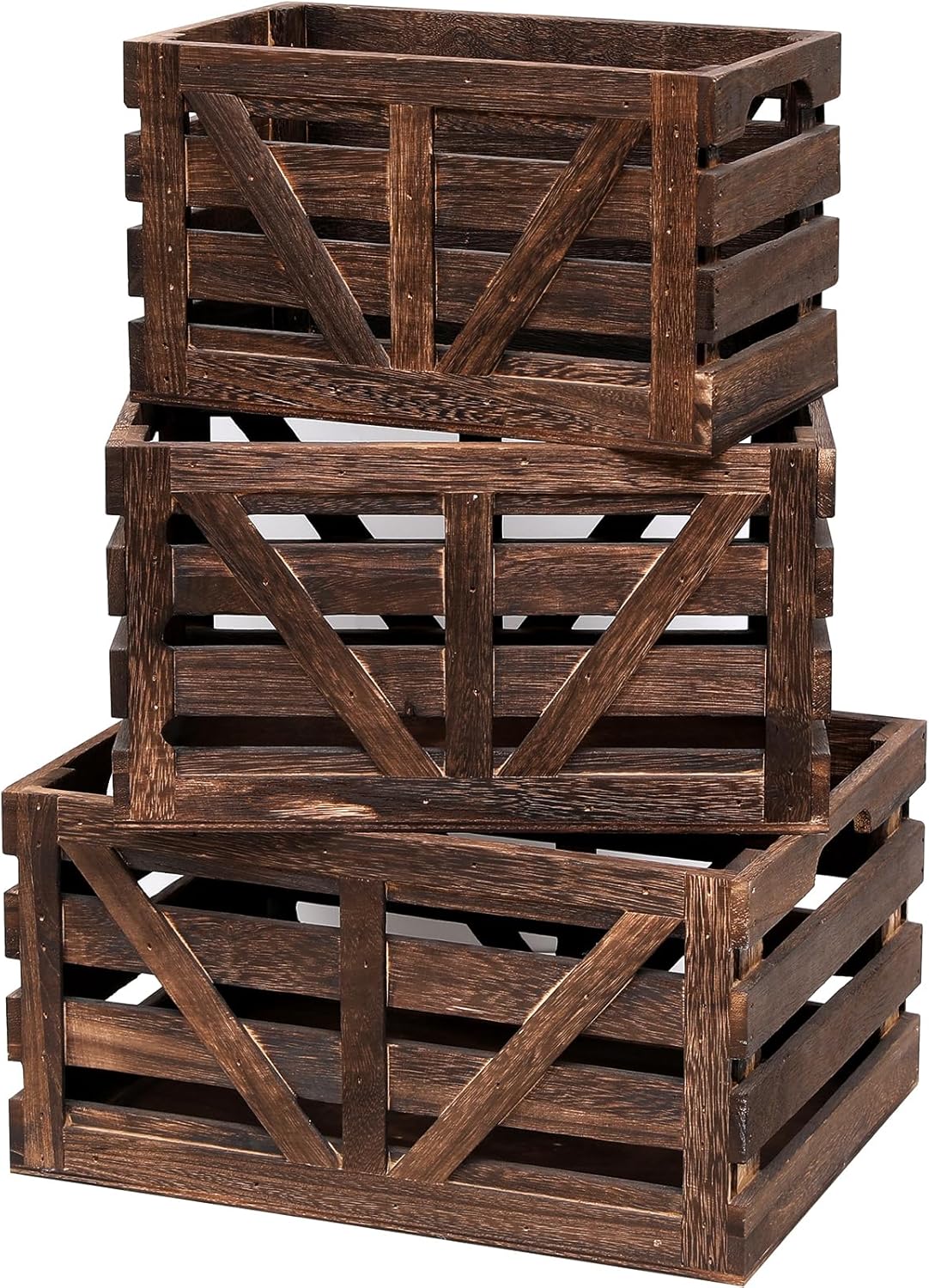 Set of 3 Nested Wooden Storage Crates with Handles