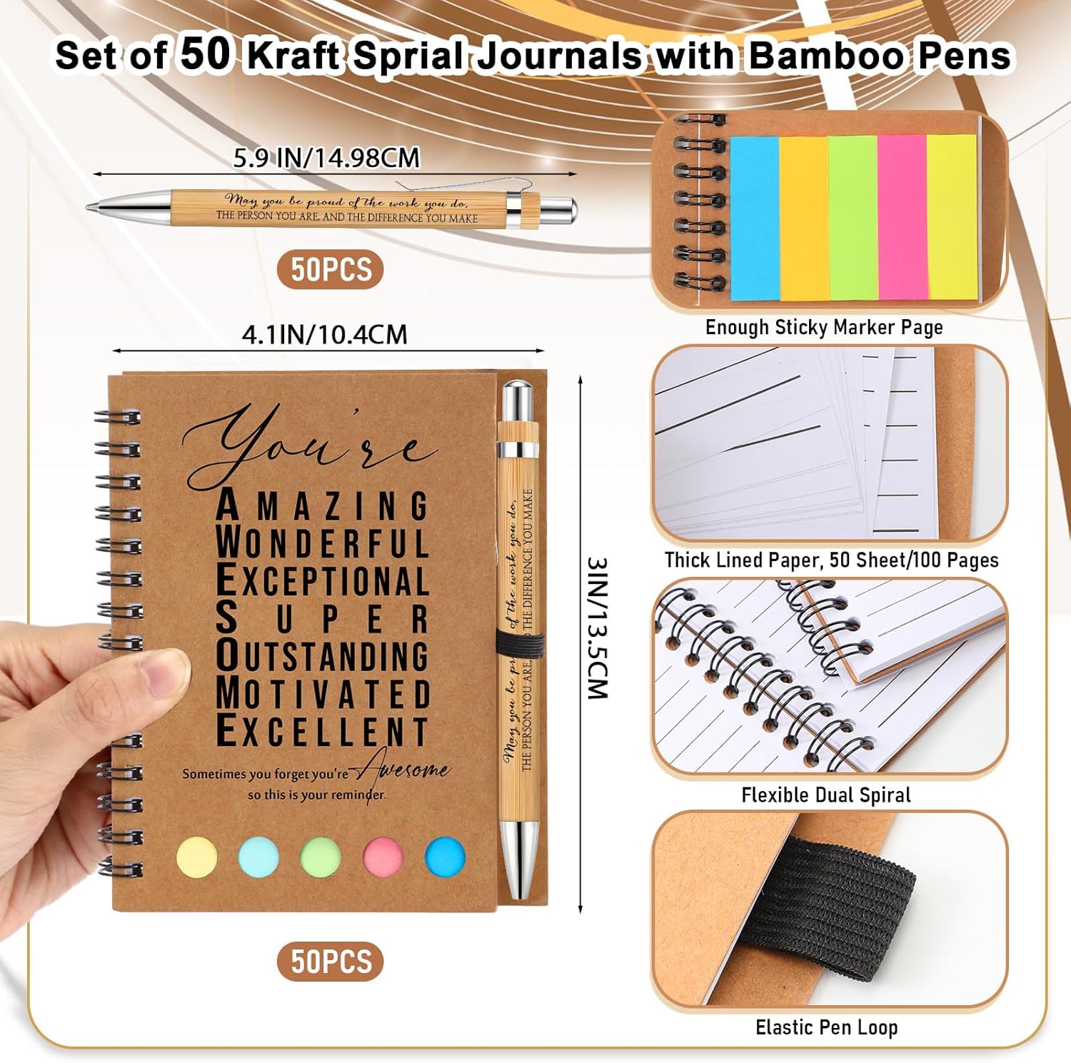 Jetec 50pcs Spiral Notebook With Bamboo Pen Gift Set