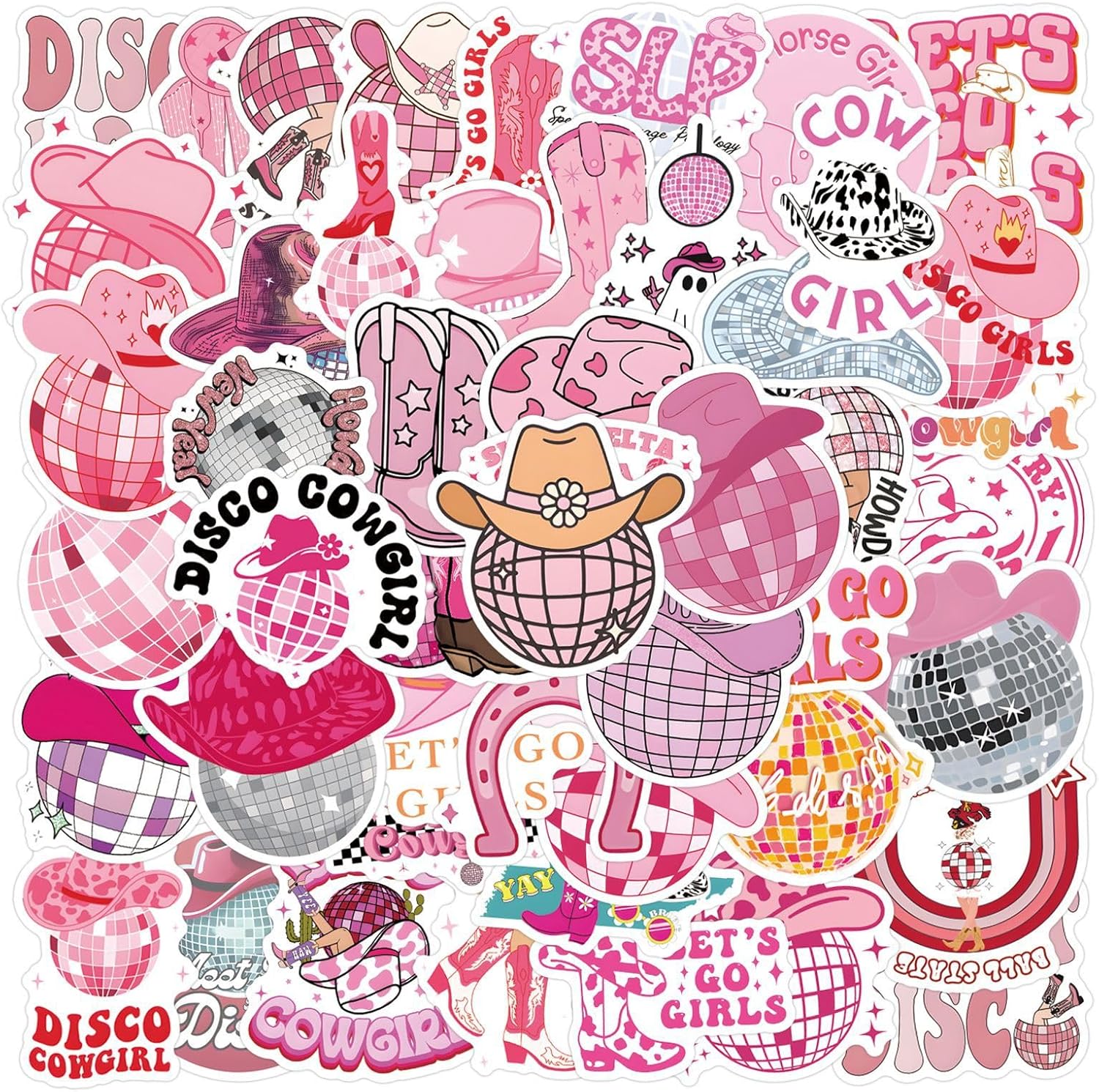 55pcs Pink Cowgirl Decals - Waterproof Stickers for Water Bottle and Laptop
