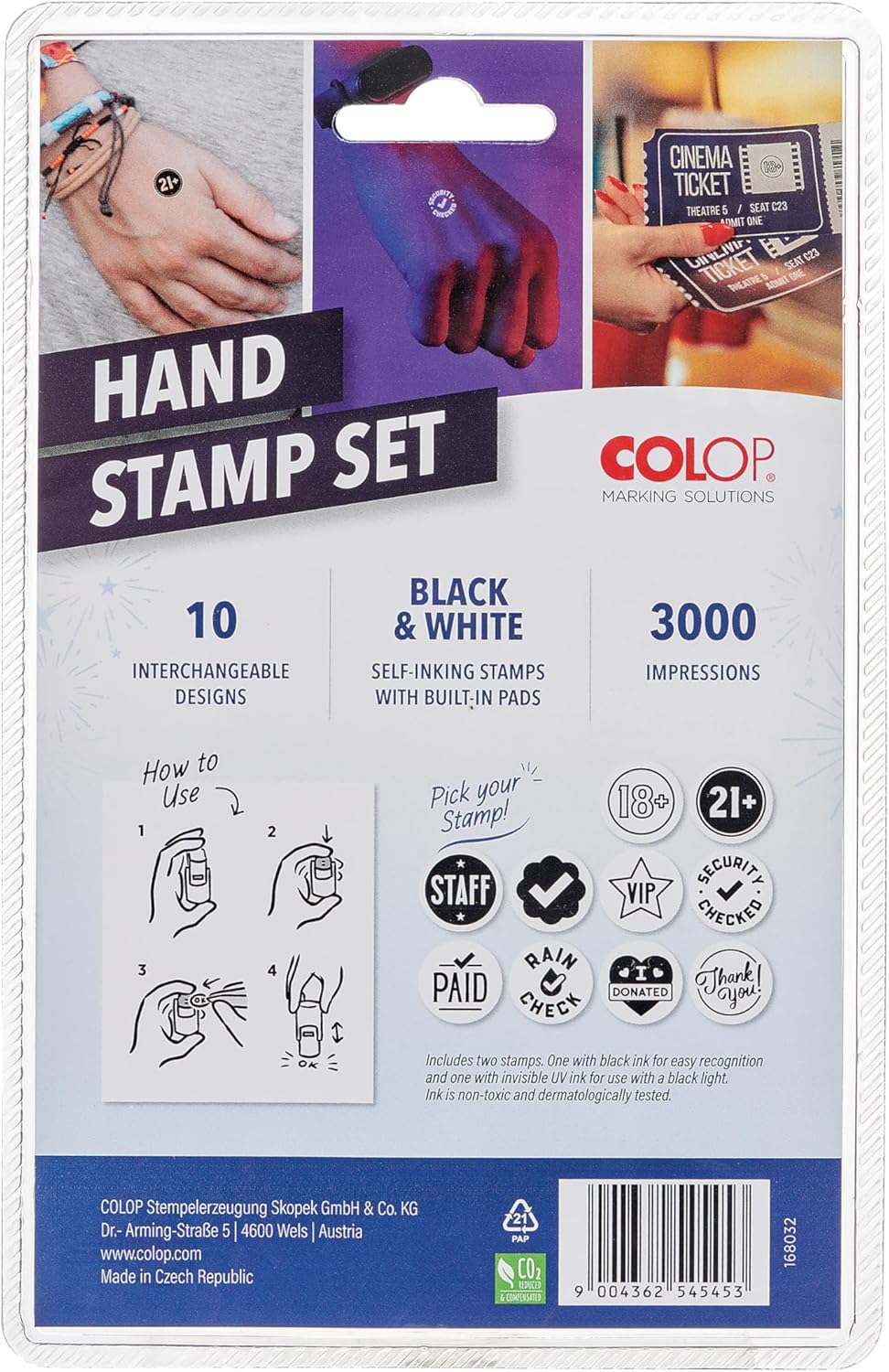 COLOP Printer R17 Event Hand Stamp Set with UV Ink 10 Designs