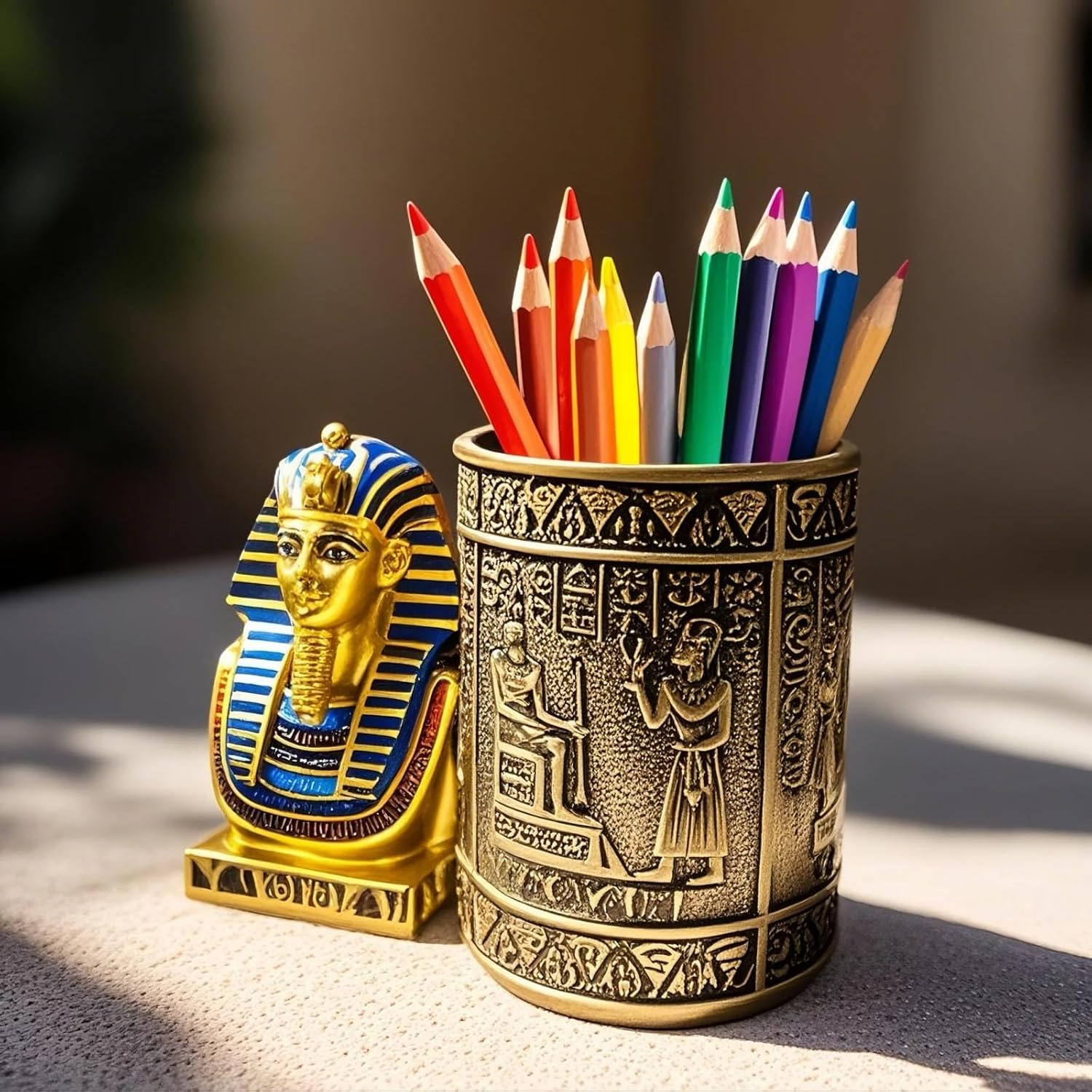 Ancient Egyptian Pencil Holder with Pharaoh and Isis