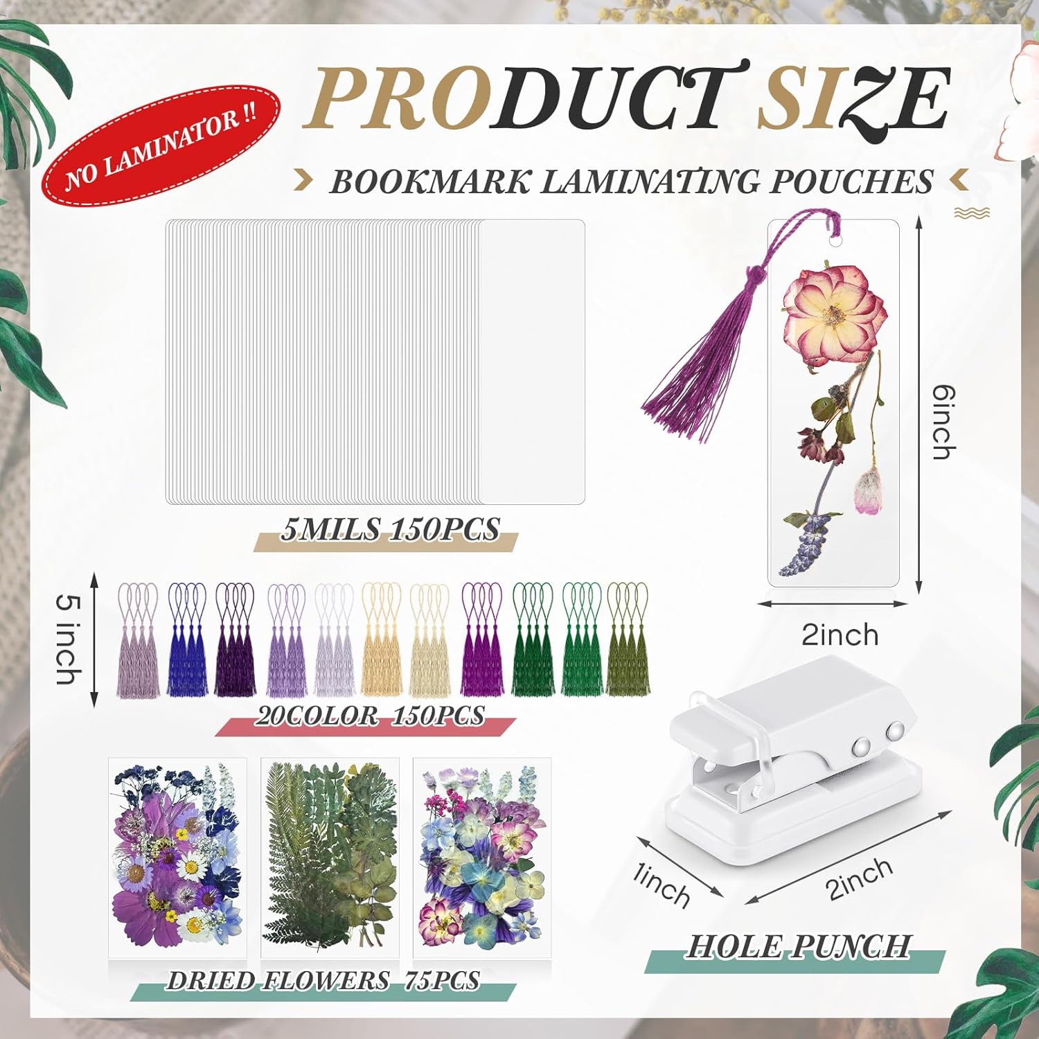 150 Pcs Dried Flower Bookmark Kit with Tassels and Laminating Pouches Purple