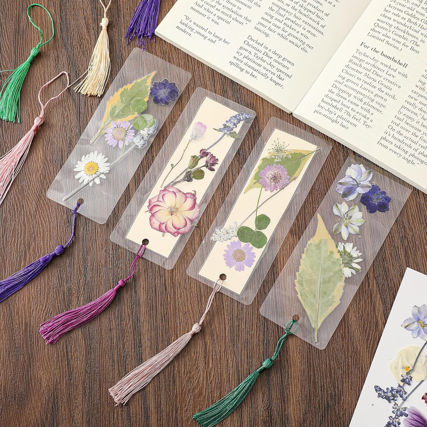 150 Pcs Dried Flower Bookmark Kit with Tassels and Laminating Pouches Purple